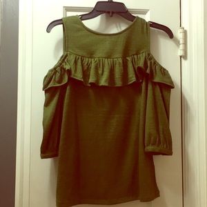 Olive peekaboo shoulder ruffle top
